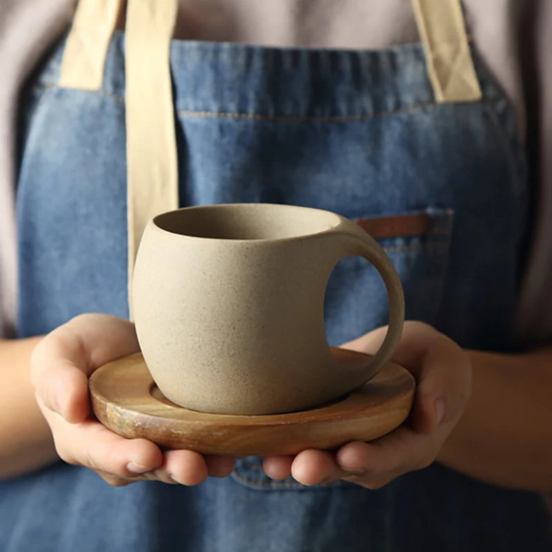 Minimalist Ceramic Coffee Mug with Wooden Saucer