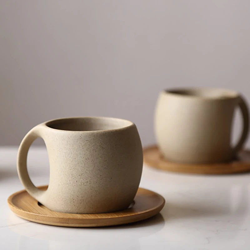 Minimalist Ceramic Coffee Mug with Wooden Saucer