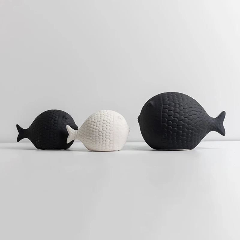 Black and White Ceramic Fish Sculpture Set