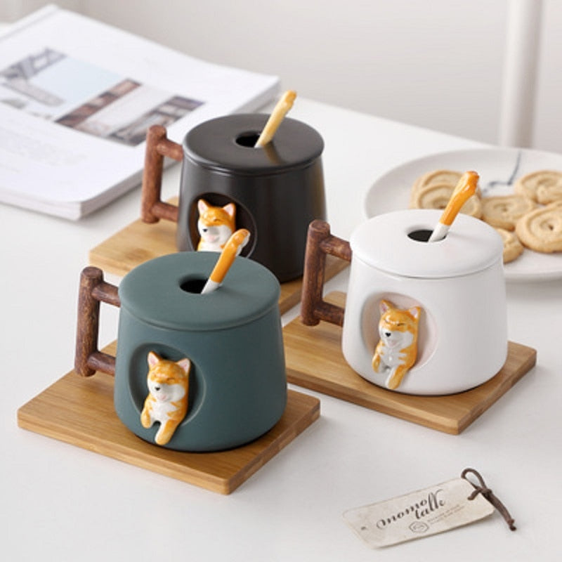 Cute Dog Ceramic Mug Wood Handle Design with Spoon and Lid Black