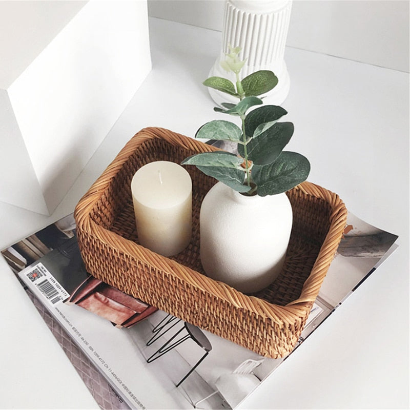 Hand-Woven Rectangular Rattan Basket